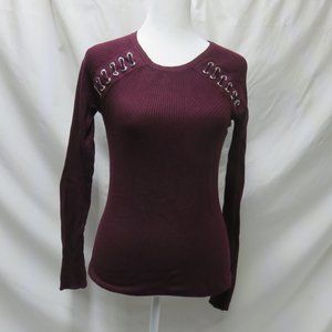 INC. L/S Wine Sweater w/Rhinestone Grommets with Velvet Lacing